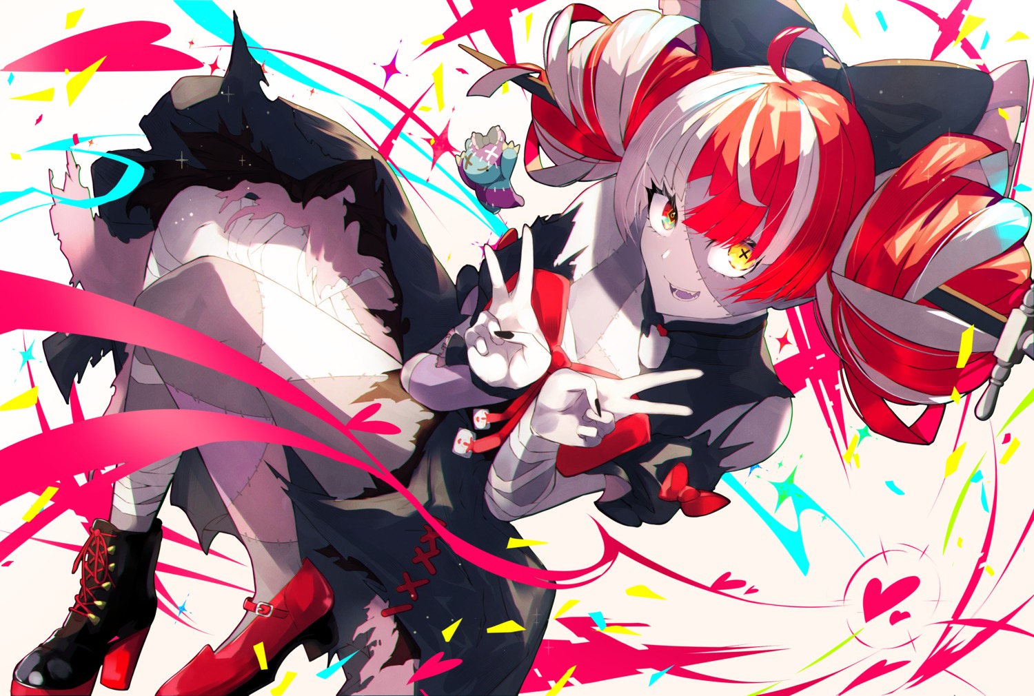 bandages, getto, heels, heterochromia, hololive, hololive_indonesia, kureiji_ollie, skirt_lift
