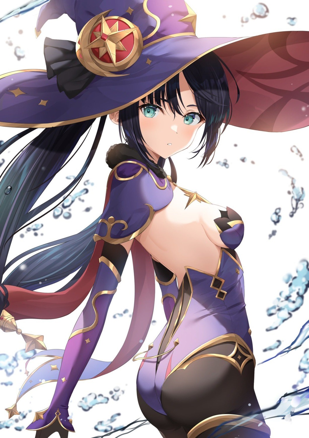 ass, garter, genshin_impact, kanaria_hisagi, mona_megistus, no_bra, pantyhose, witch
