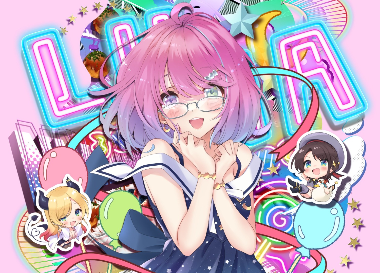 chibi, cleavage, heterochromia, himemori_luna, hololive, horns, makinan, megane