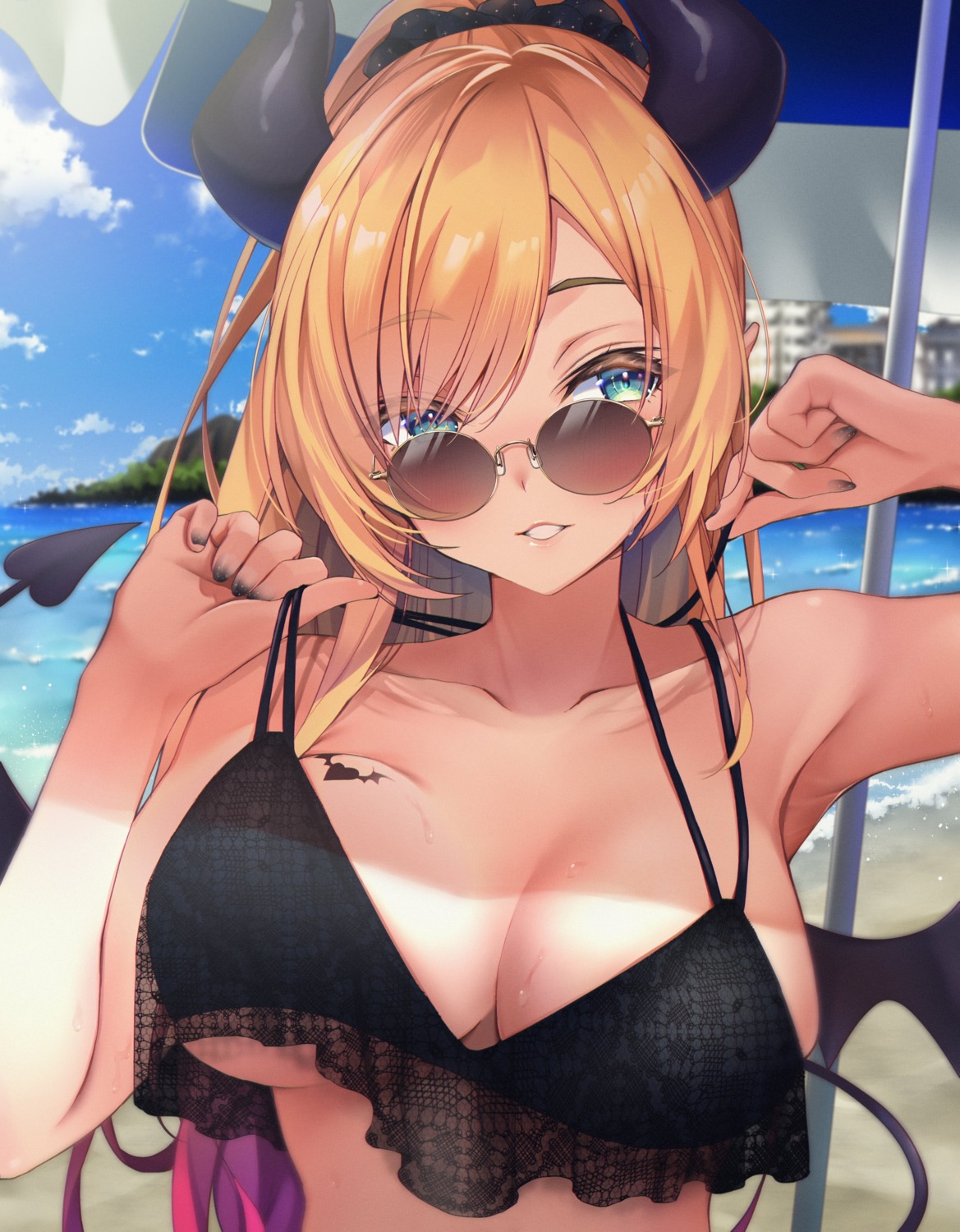 bikini_top, hololive, horns, makinan, megane, pointy_ears, see_through, swimsuits, tail, tattoo, undressing, wings, yuzuki_choco