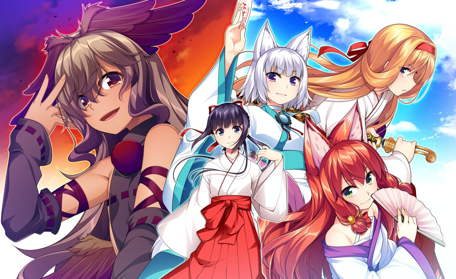animal_ears, aogiri_penta, japanese_clothes, josou_souseiki, kitsune, miko, no-strike, tail, trap, wings