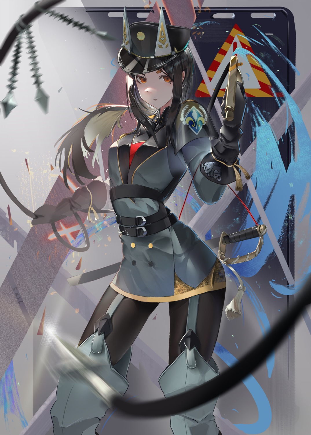 arknights, dobermann_(arknights), pantyhose, sail_(apha7775), sword, uniform