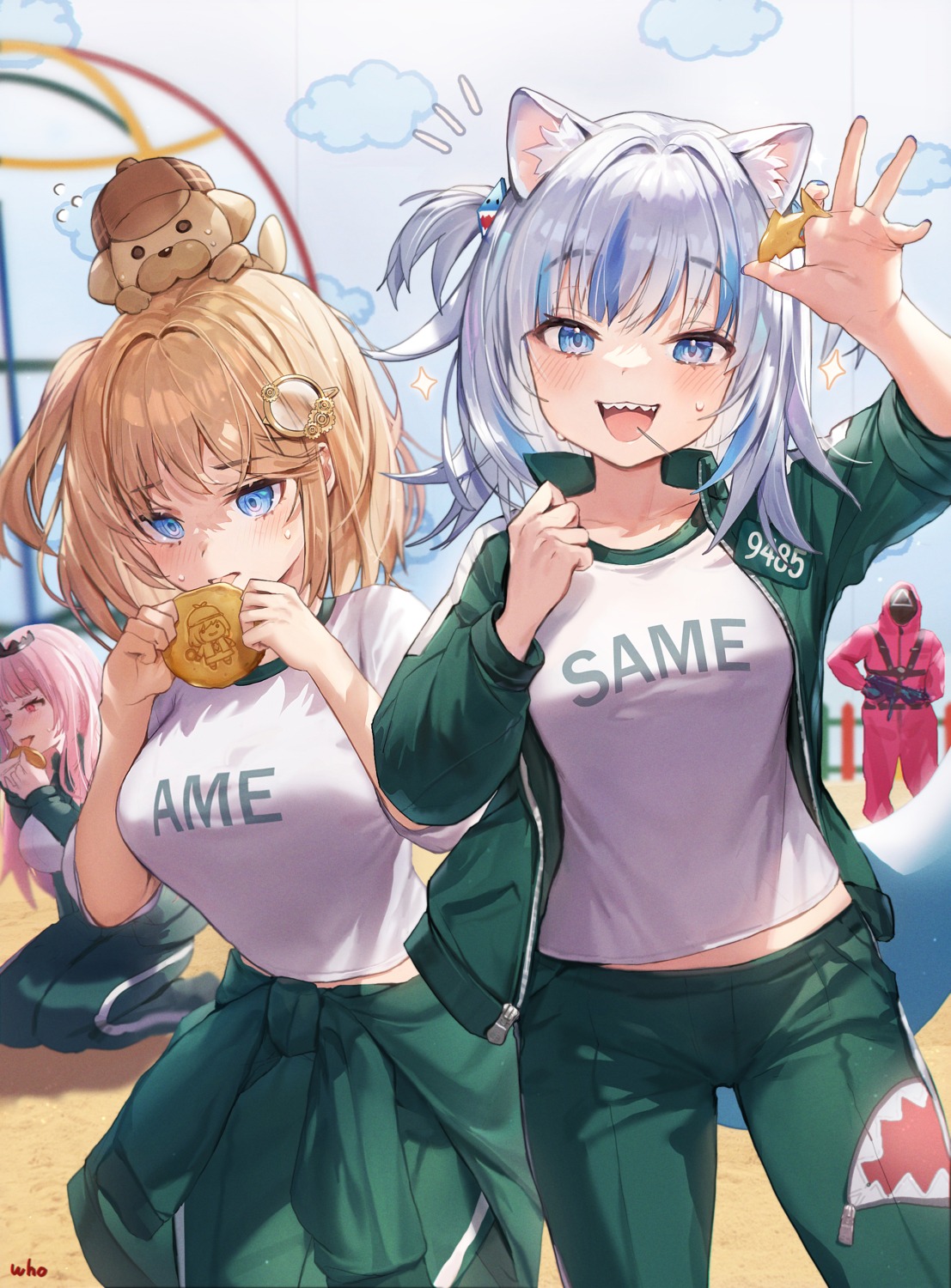 animal_ears, cosplay, gawr_gura, gun, gym_uniform, hololive, hololive_english, mori_calliope, nekomimi, squid_game, tail, uniform, watson_amelia, whoisshe
