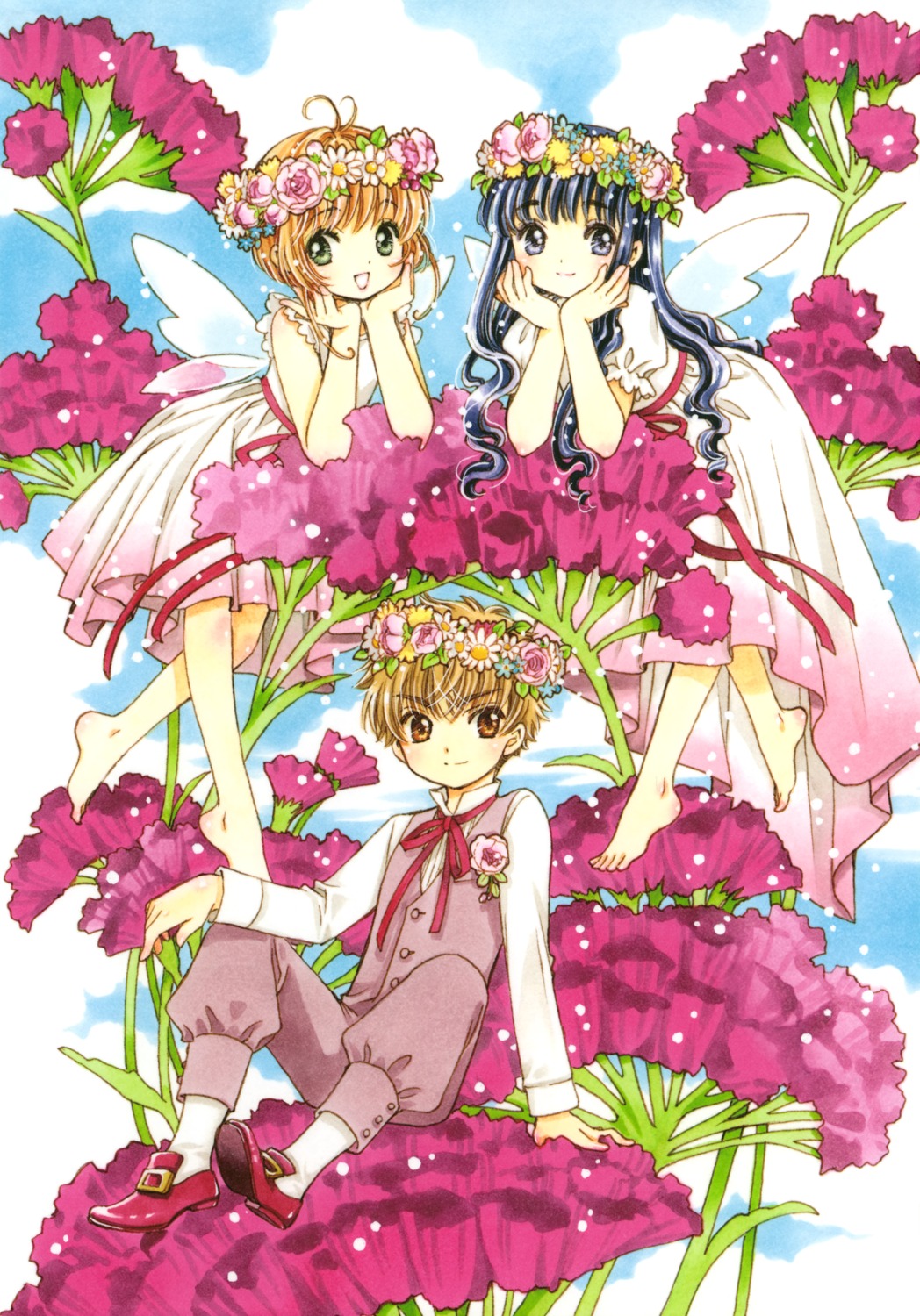 card_captor_sakura, clamp, daidouji_tomoyo, dress, kinomoto_sakura, li_syaoran, wings