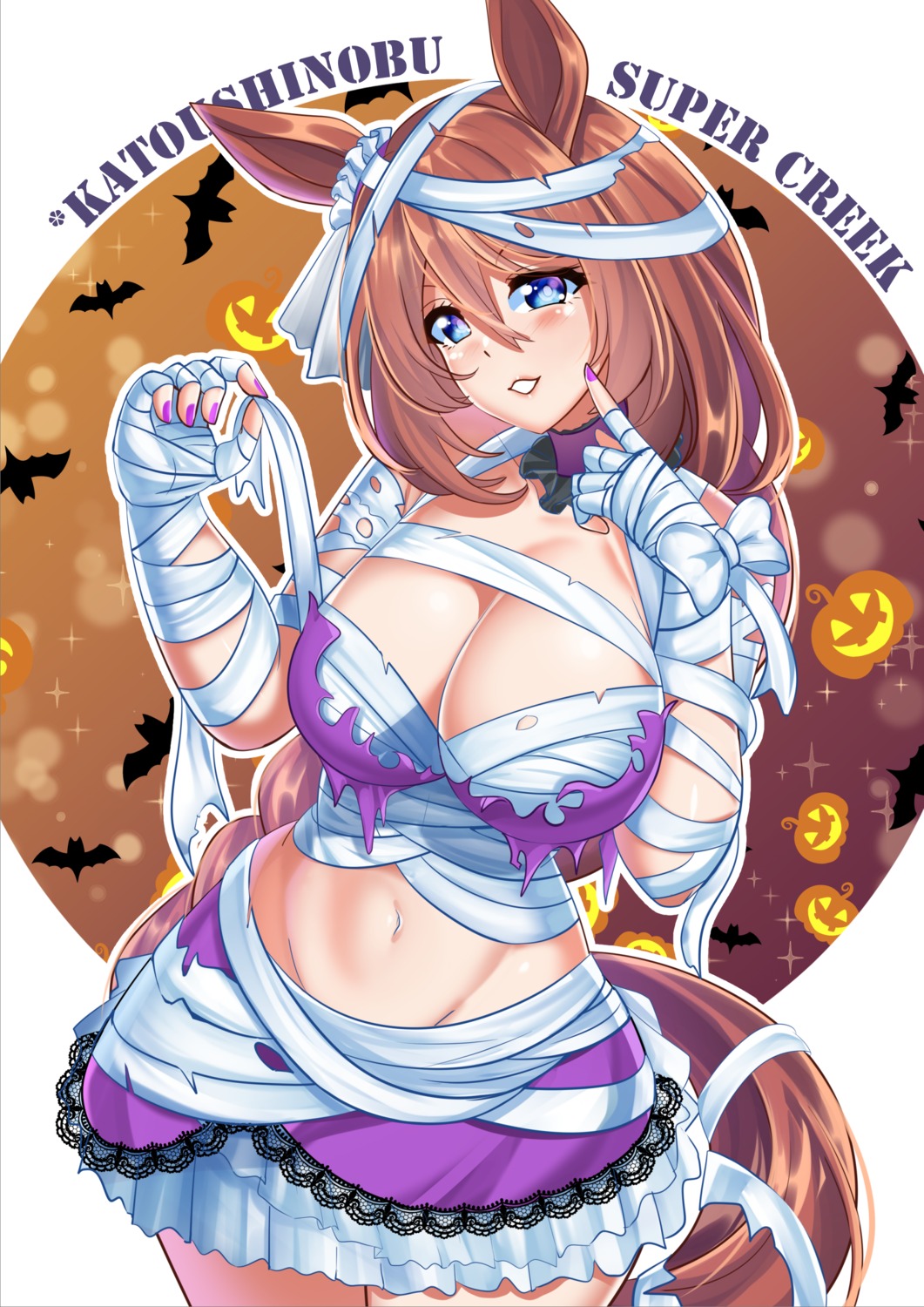 animal_ears, bandages, halloween, katou_shinobu, no_bra, super_creek_(umamusume), tail, torn_clothes