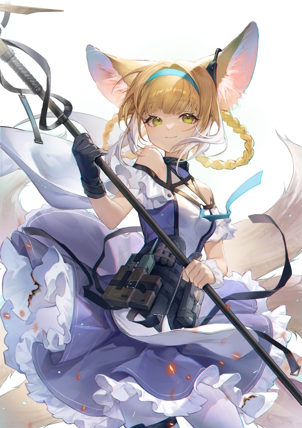 animal_ears, arknights, dress, garter, gui_mi, kitsune, pantyhose, skirt_lift, suzuran_(arknights), tail, torn_clothes, weapon