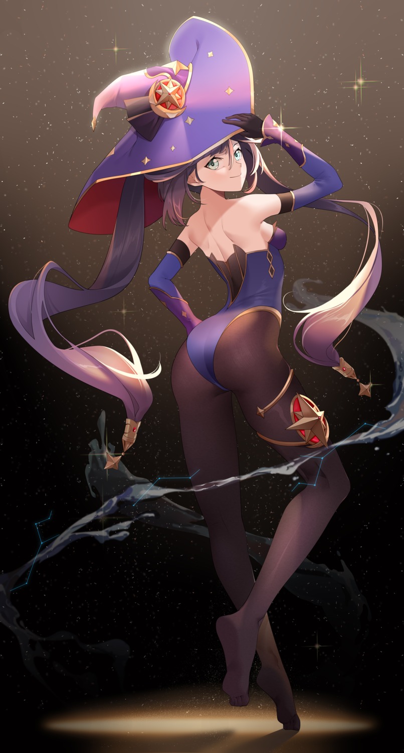 ass, garter, genshin_impact, kemile, leotard, mona_megistus, no_bra, pantyhose, witch