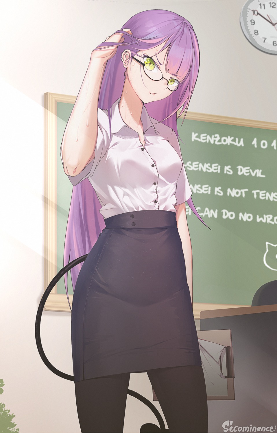 dress_shirt, hololive, megane, pantyhose, tail, therrao, tokoyami_towa