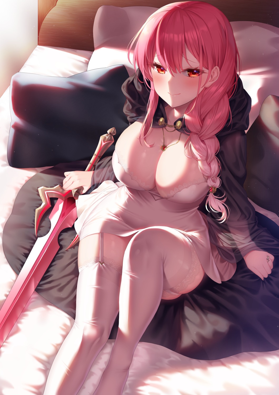dress, ia_(ias1010), no_bra, pantsu, see_through, skirt_lift, stockings, sword, thighhighs
