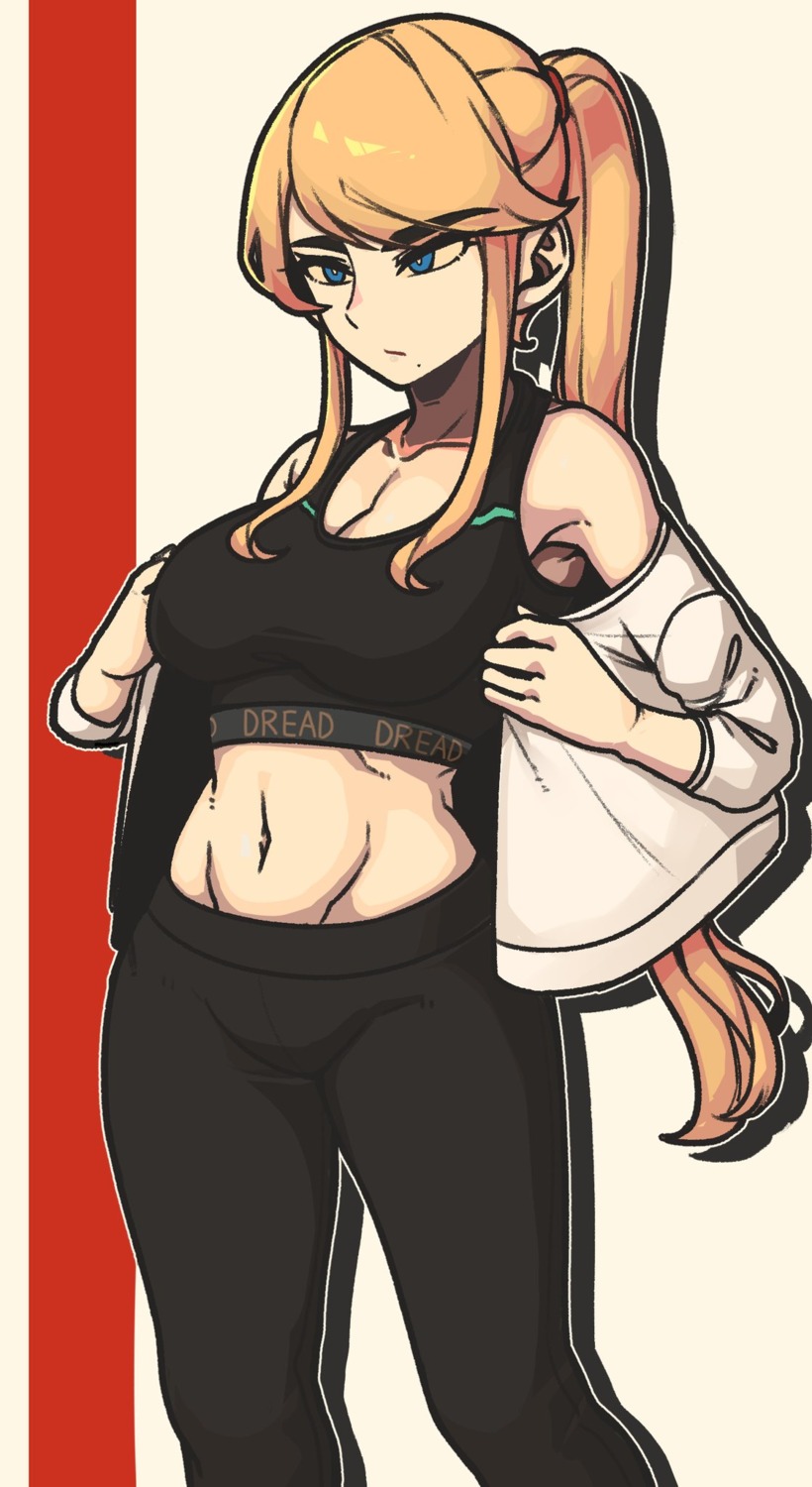 bra, cleavage, gym_uniform, masgamjya, metroid, metroid_dread, open_shirt, samus_aran, undressing