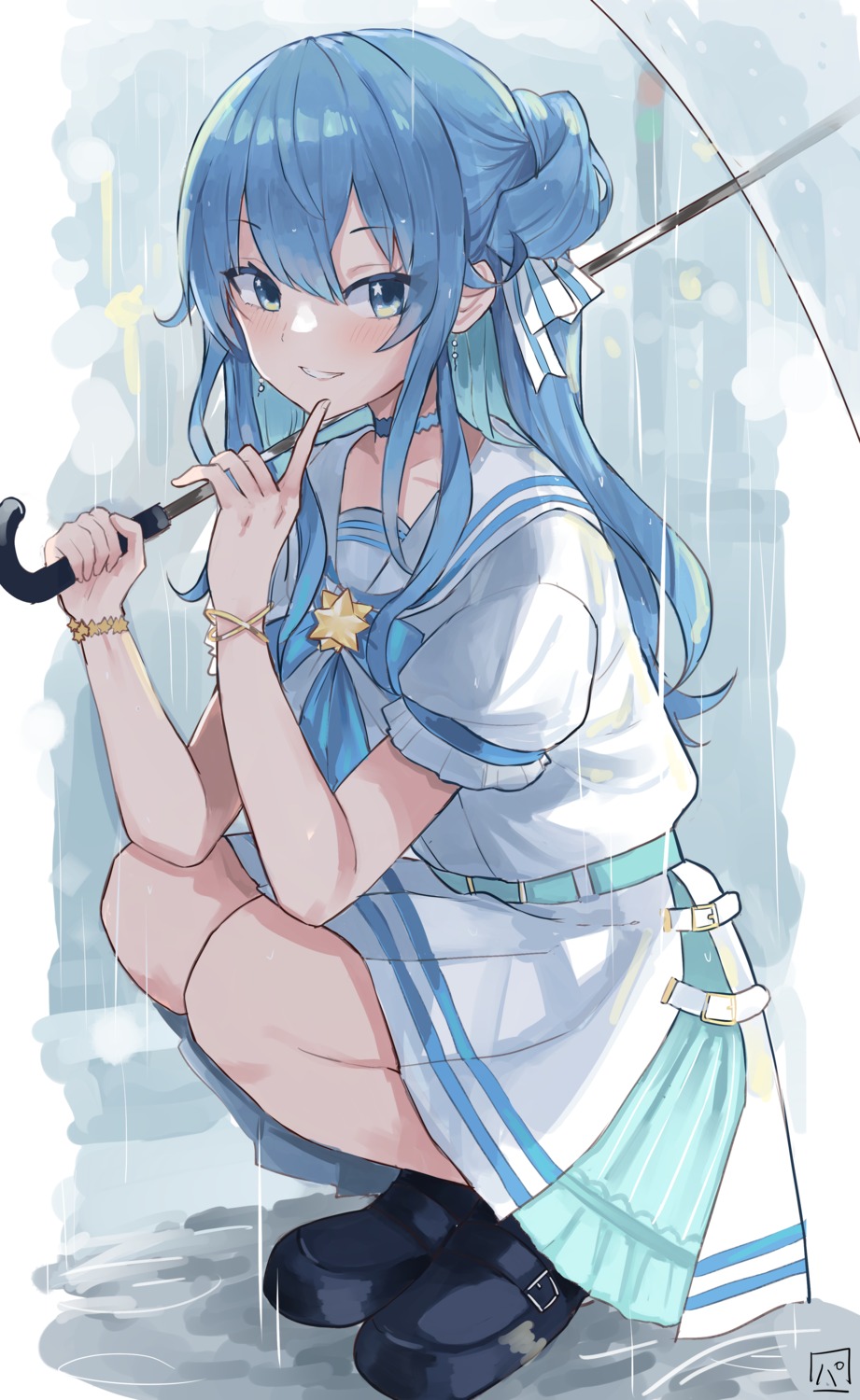 hololive, hoshimachi_suisei, pineapple_(pine), seifuku, skirt_lift, umbrella