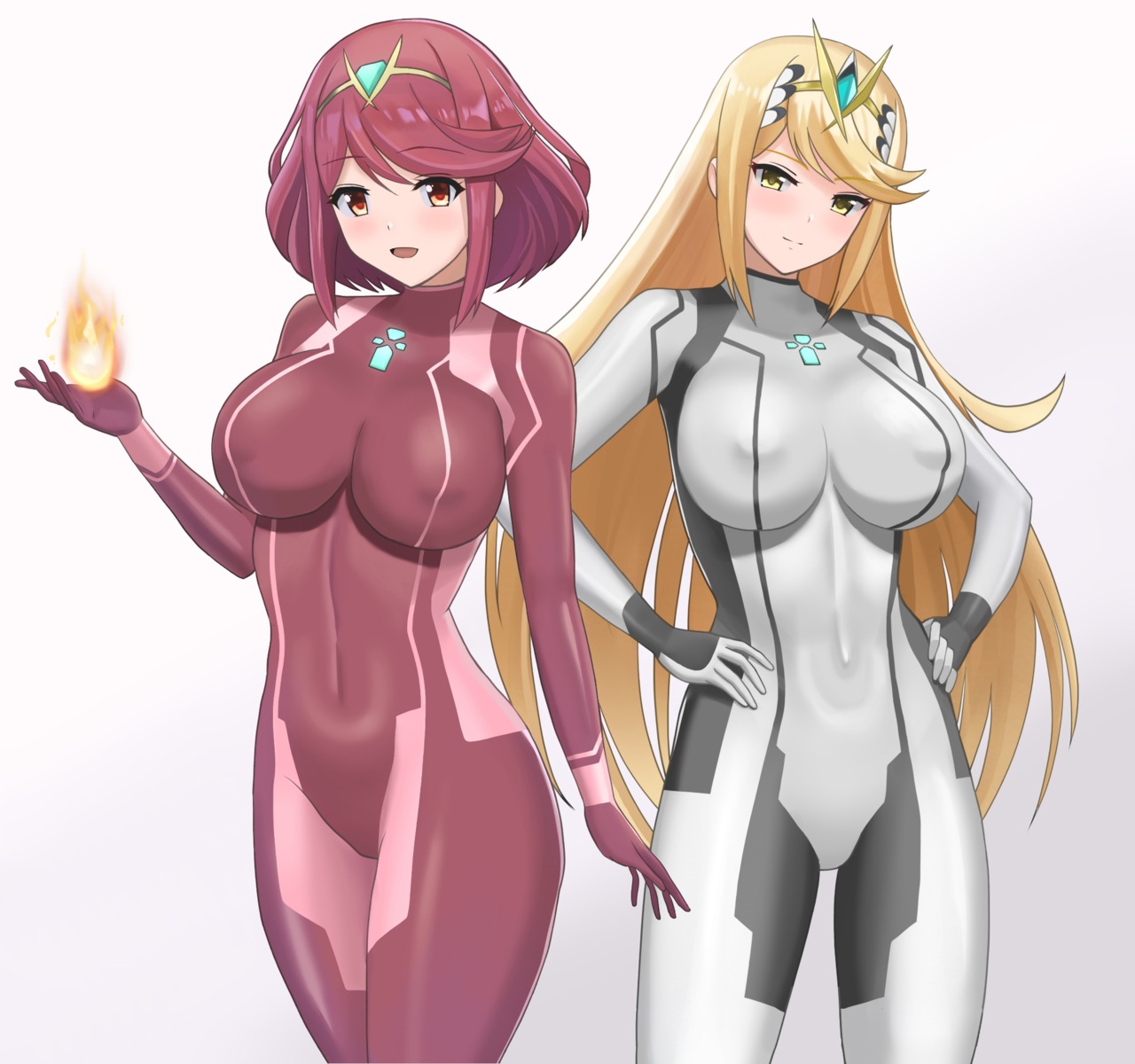 bodysuit, cosplay, erect_nipples, higofushi, hikari_(xenoblade_2), homura_(xenoblade_2), metroid, samus_aran, xenoblade_(series), xenoblade_2