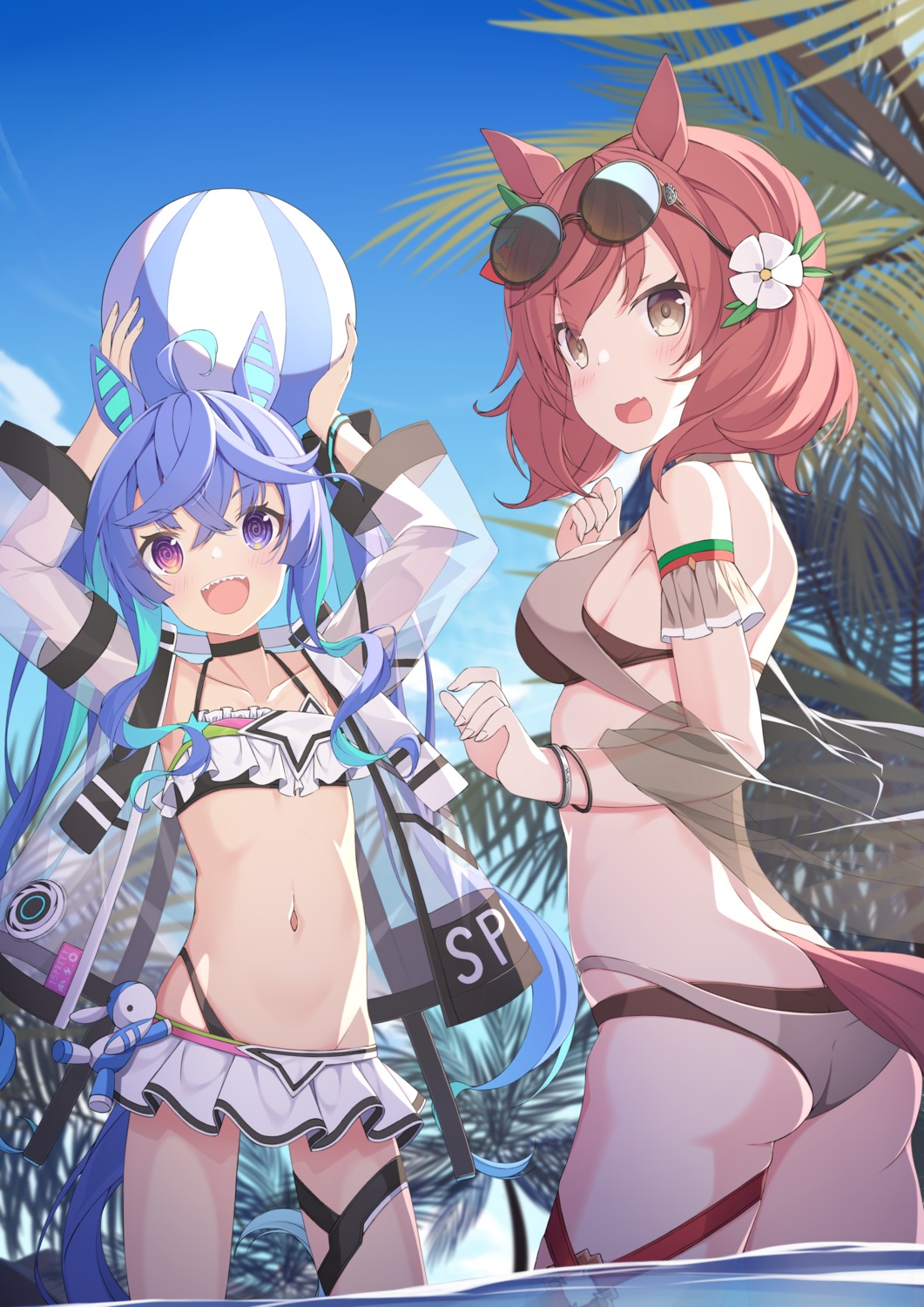 animal_ears, ass, bikini, garter, heterochromia, lr_(last_remote_514), megane, nice_nature_(umamusume), open_shirt, see_through, swimsuits, tail, thong, twin_turbo_(umamusume), uma_musume_pretty_derby, wet