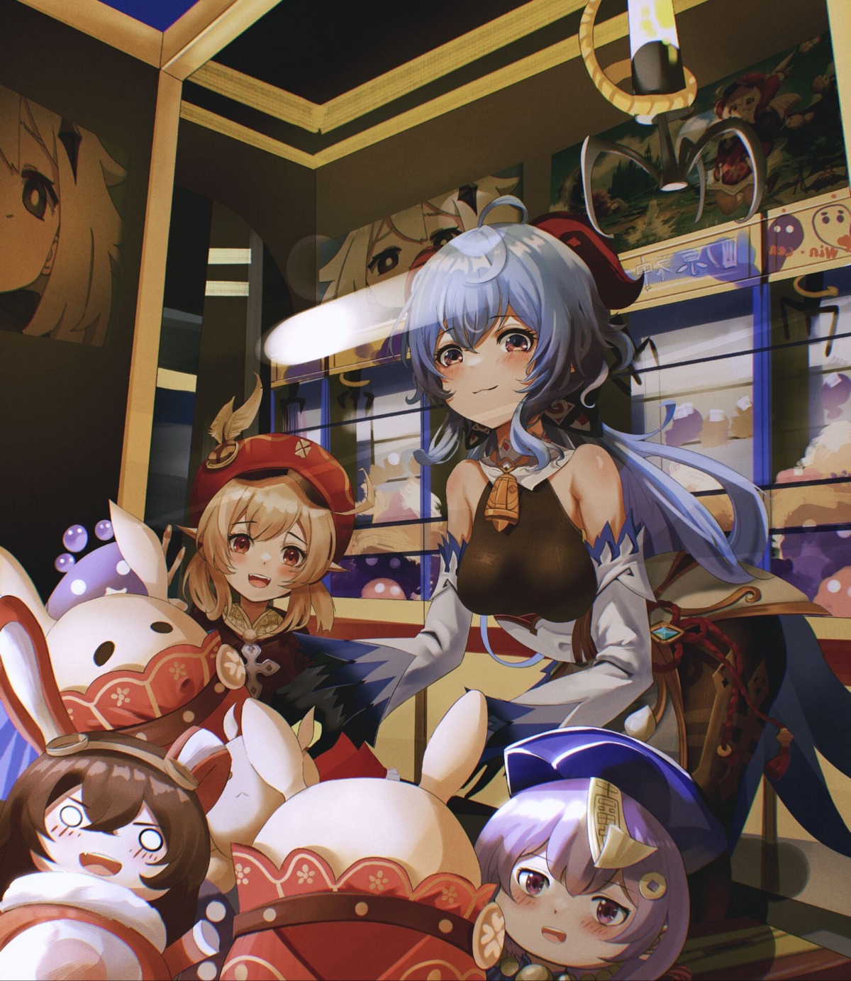 animal_ears, asian_clothes, baron_bunny, bodysuit, bunny_ears, chibi, di_qi_gang_guang, ganyu, genshin_impact, horns, klee, paimon, pointy_ears, qiqi