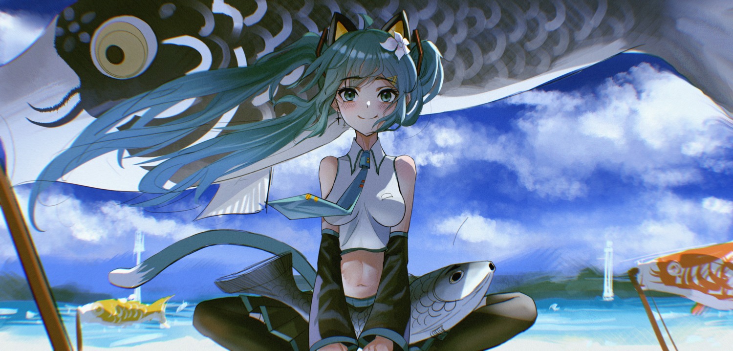 animal_ears, di_qi_gang_guang, hatsune_miku, nekomimi, skirt_lift, tail, thighhighs, vocaloid