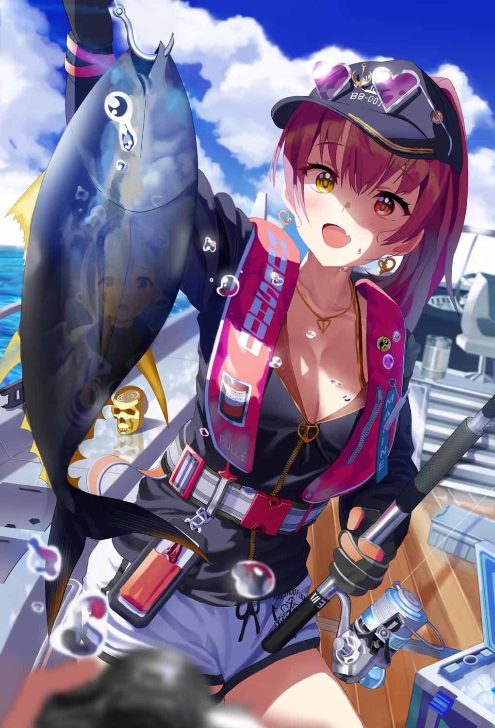 cleavage, go_(mumuke), heterochromia, hololive, houshou_marine, megane, open_shirt