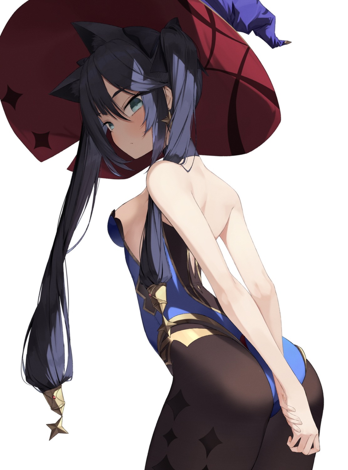 animal_ears, ass, genshin_impact, leotard, mona_megistus, nekomimi, no_bra, pantyhose, soya_(torga), witch