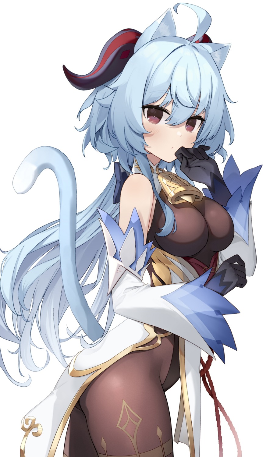 animal_ears, asian_clothes, ganyu, genshin_impact, horns, leotard, nekomimi, pantyhose, soya_(torga), tail