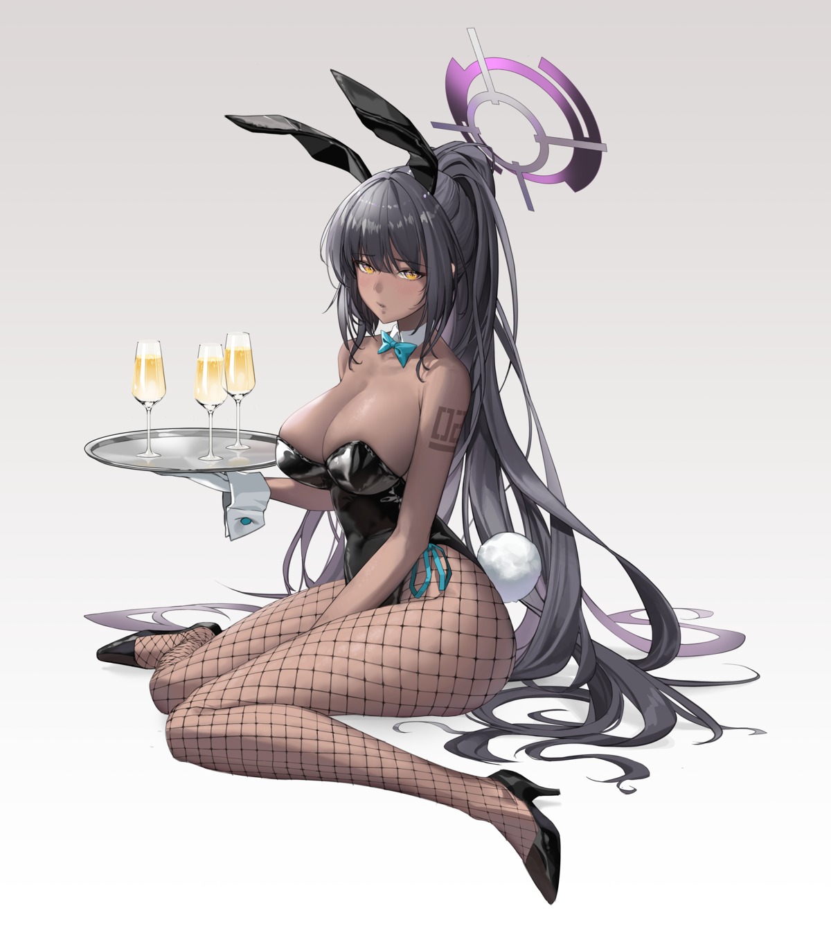 animal_ears, blue_archive, bunny_ears, bunny_girl, fishnets, halo, heels, kakudate_karin, no_bra, pantyhose, tail, tattoo, yo_owl