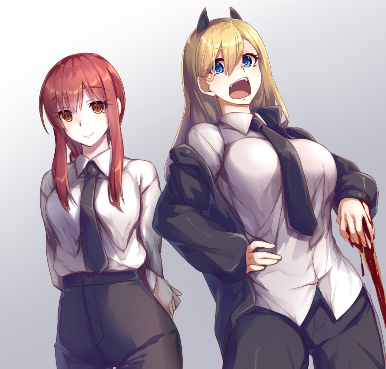 blood, business_suit, chainsaw_man, dress_shirt, horns, makima_(chainsaw_man), power_(chainsaw_man), satoochief