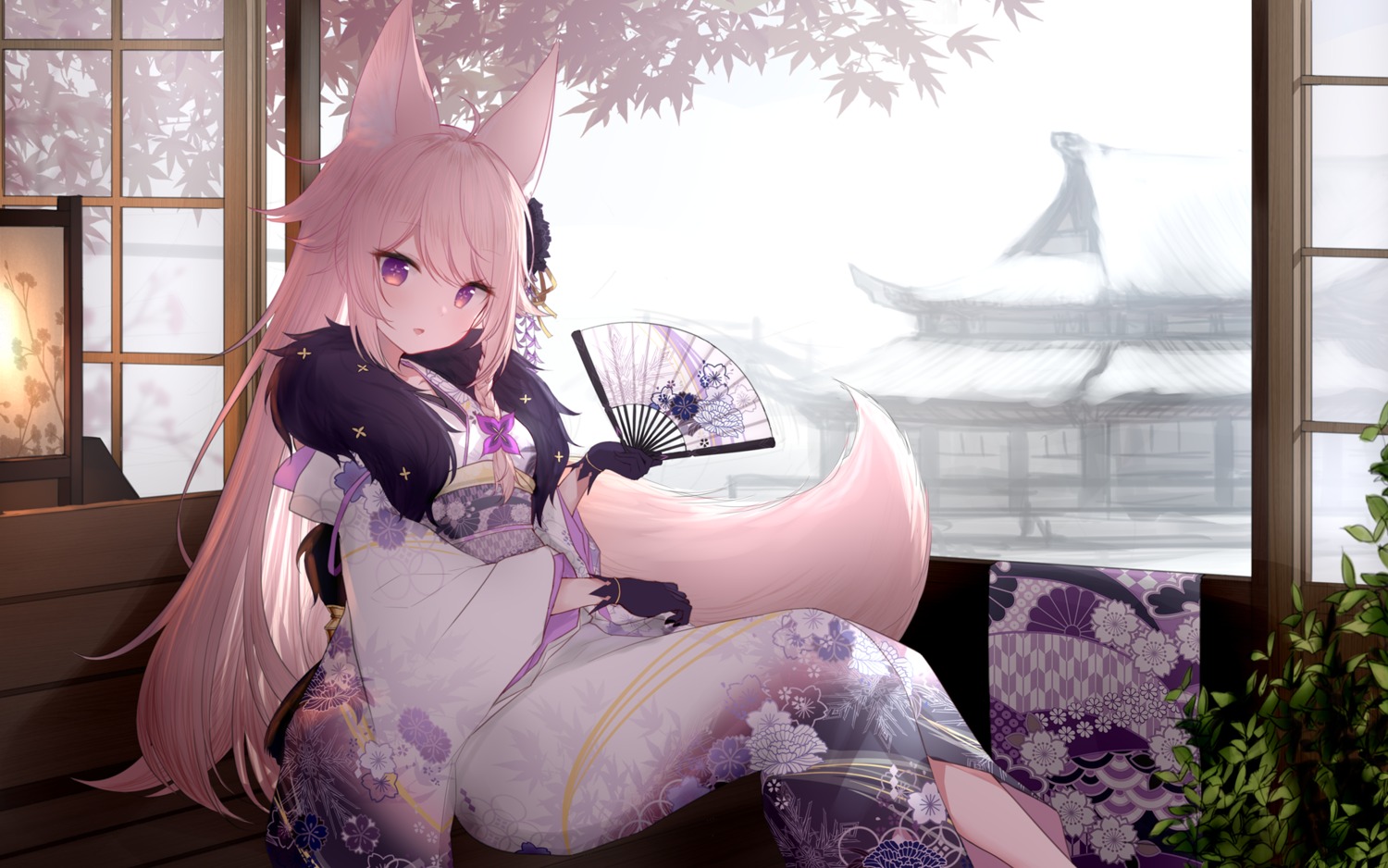 animal_ears, guo582, kimono, kitsune, tail, wallpaper