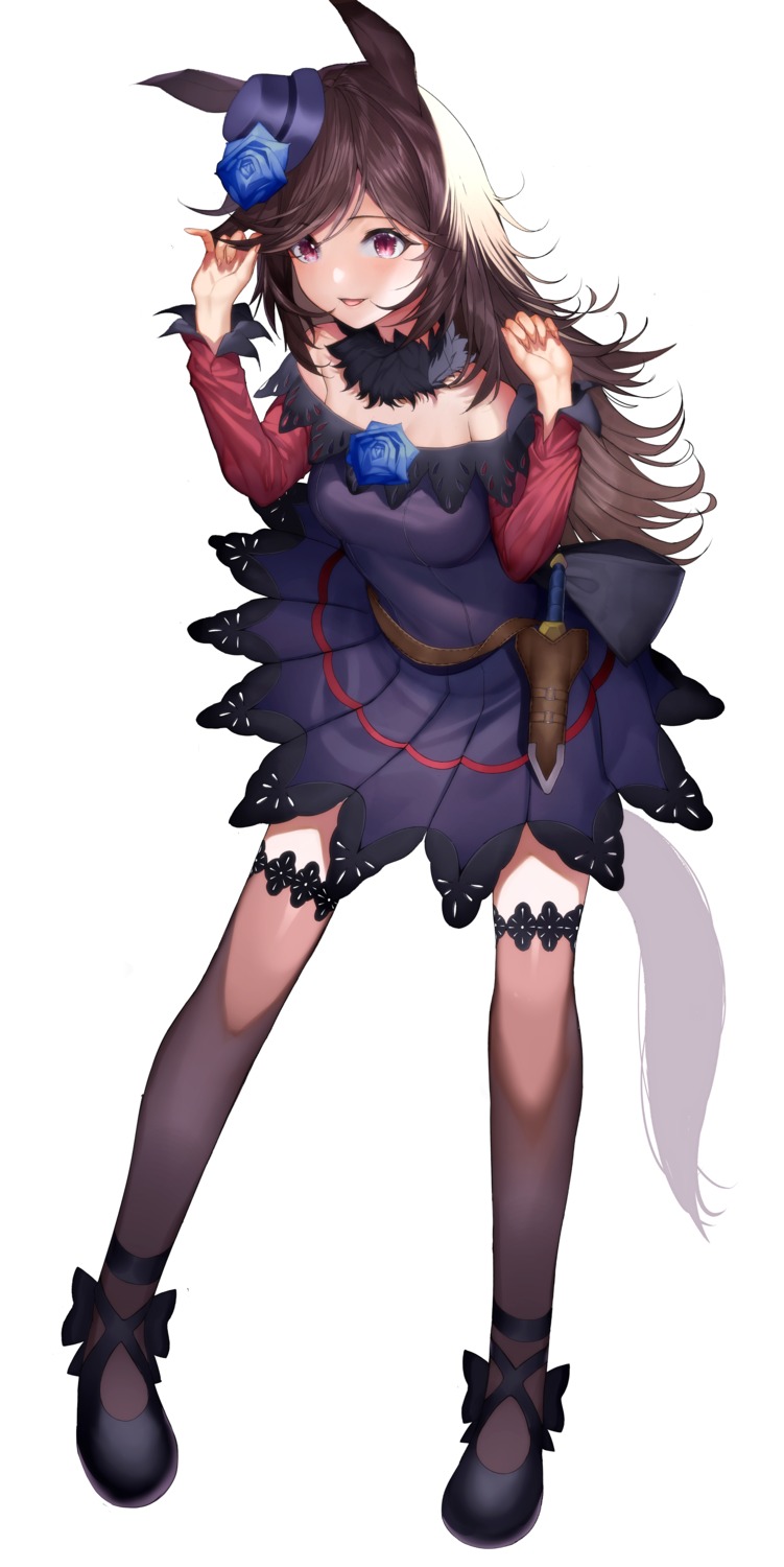 animal_ears, dress, mairudo_(mildcoffee1117), no_bra, rice_shower_(umamusume), skirt_lift, tail, thighhighs