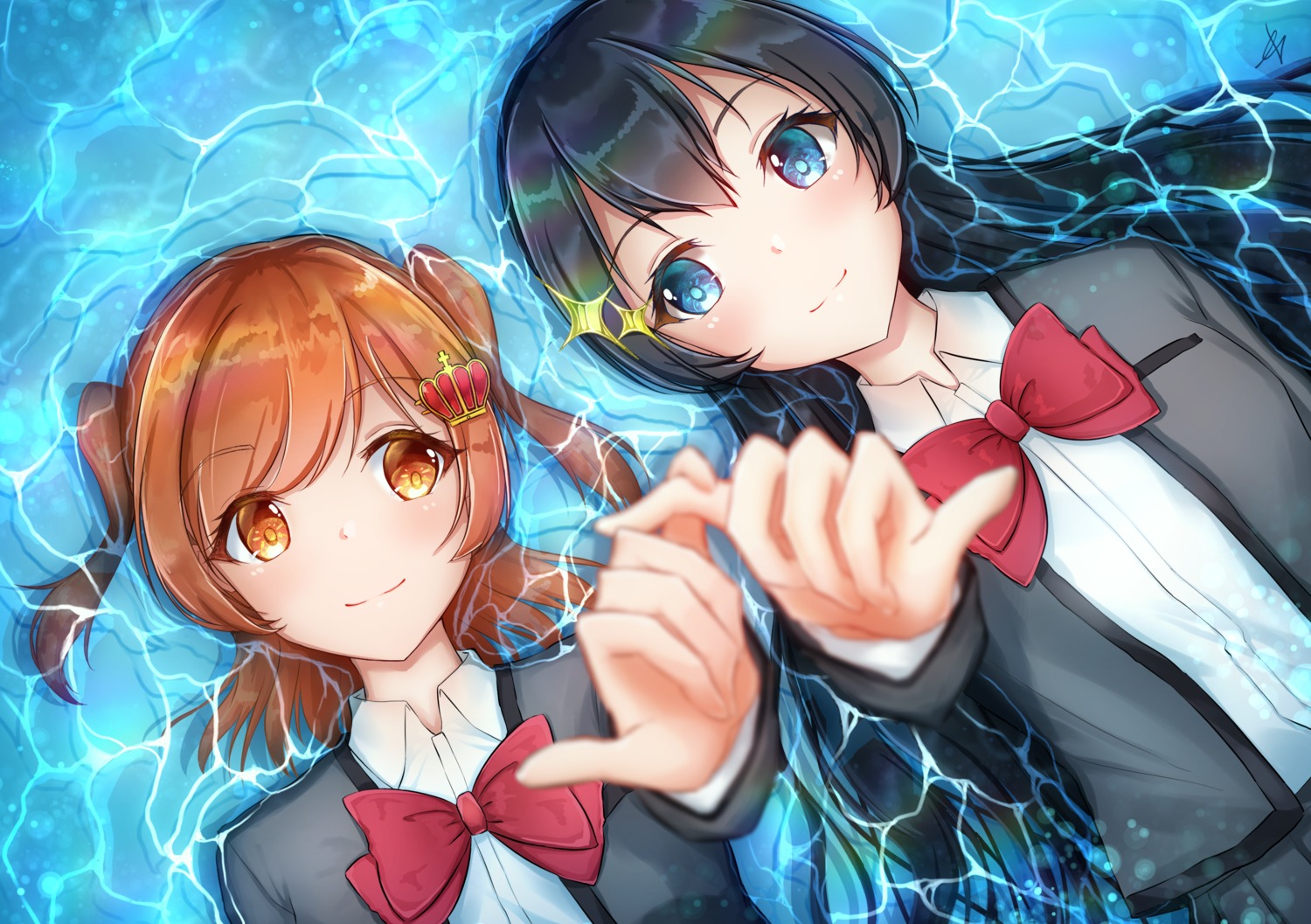 aijou_karen, aoi_hane, kagura_hikari, seifuku, shoujo_kageki_revue_starlight, shoujo_kageki_revue_starlight_-re_live-, wet, yuri