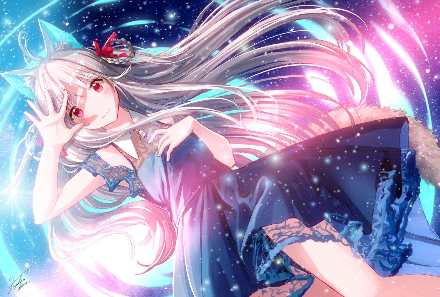 animal_ears, dress, kazuharu_kina, kitsune, see_through, skirt_lift, tail