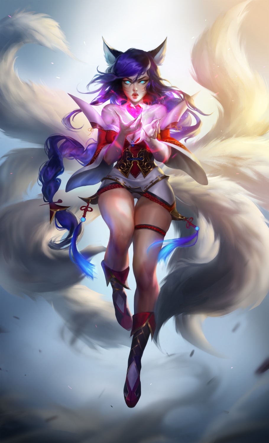 ahri, animal_ears, asian_clothes, daryakozh, garter, kitsune, league_of_legends, no_bra, tail