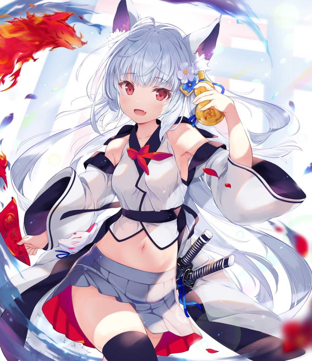 animal_ears, japanese_clothes, no_bra, skirt_lift, sword, tail, tenmu_shinryuusai, thighhighs