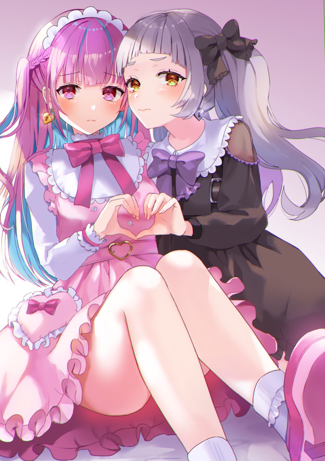 dress, gothic_lolita, hololive, lolita_fashion, minato_aqua, murasaki_shion, rik, skirt_lift