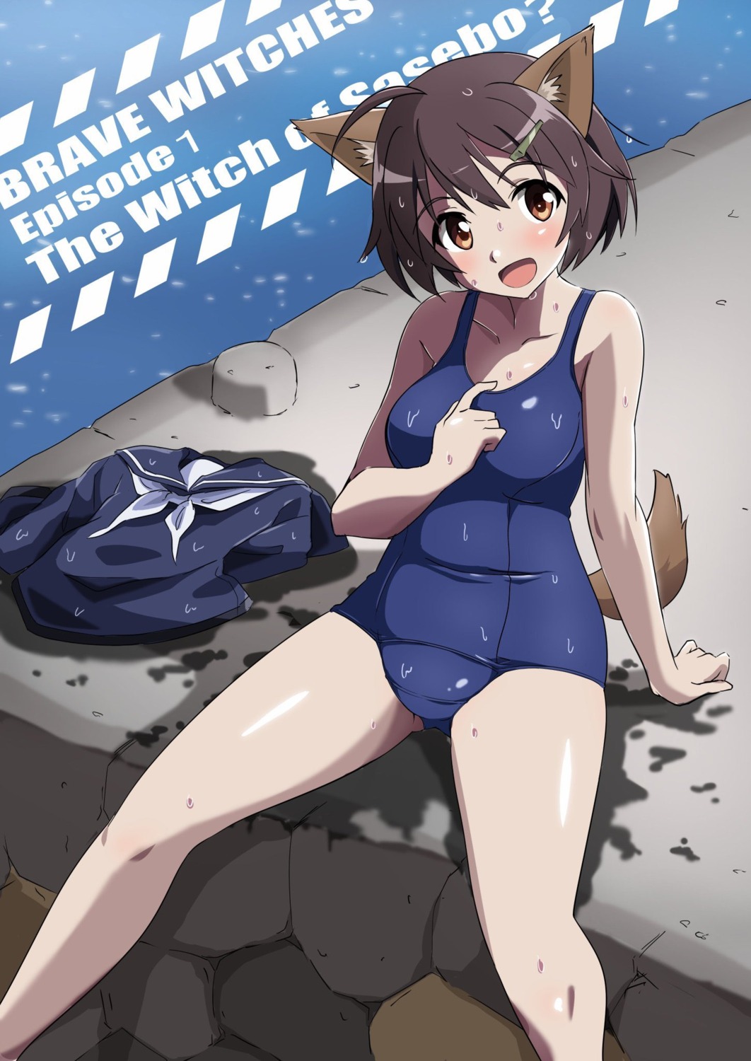 animal_ears, brave_witches, inumimi, karibuchi_hikari, school_swimsuit, strike_witches, swimsuits, tail, tricky_46, wet