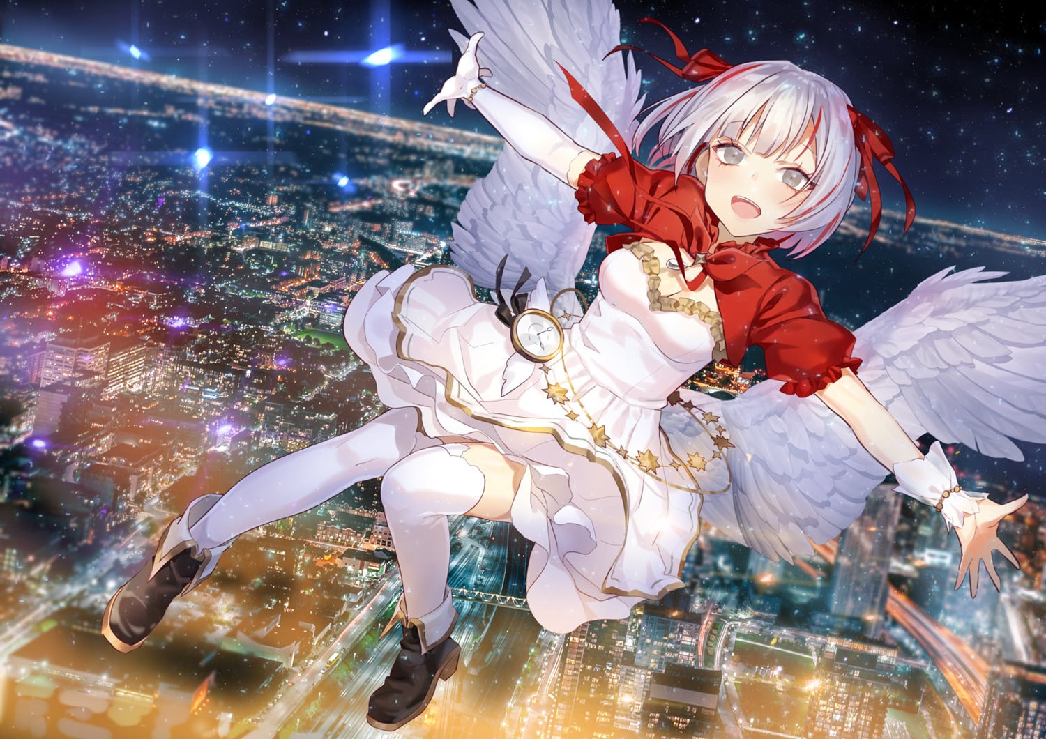 airasia, aozora_kurumi, cleavage, dress, goyain, heels, skirt_lift, thighhighs, wings