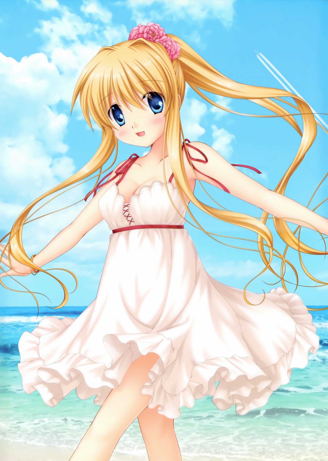 air, cleavage, dress, hinoue_itaru, kamio_misuzu, key, no_bra, skirt_lift