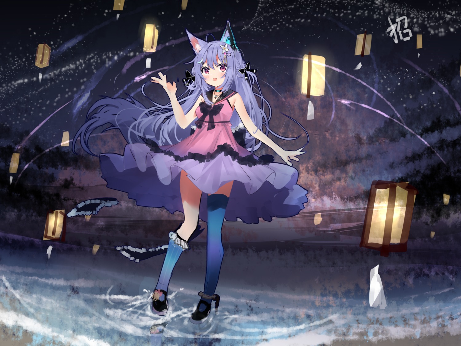 animal_ears, dress, sketch, skirt_lift, thighhighs, zhao_(pixiv12947327)
