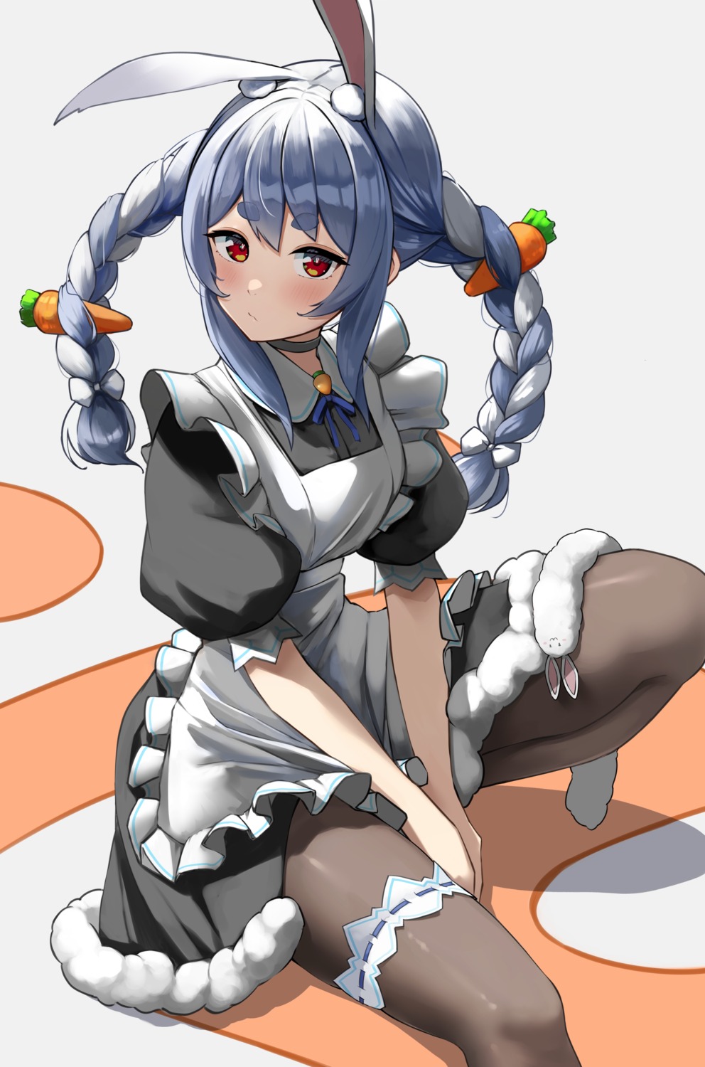 akiki_(kiki), animal_ears, bunny_ears, garter, hololive, maid, pantyhose, skirt_lift