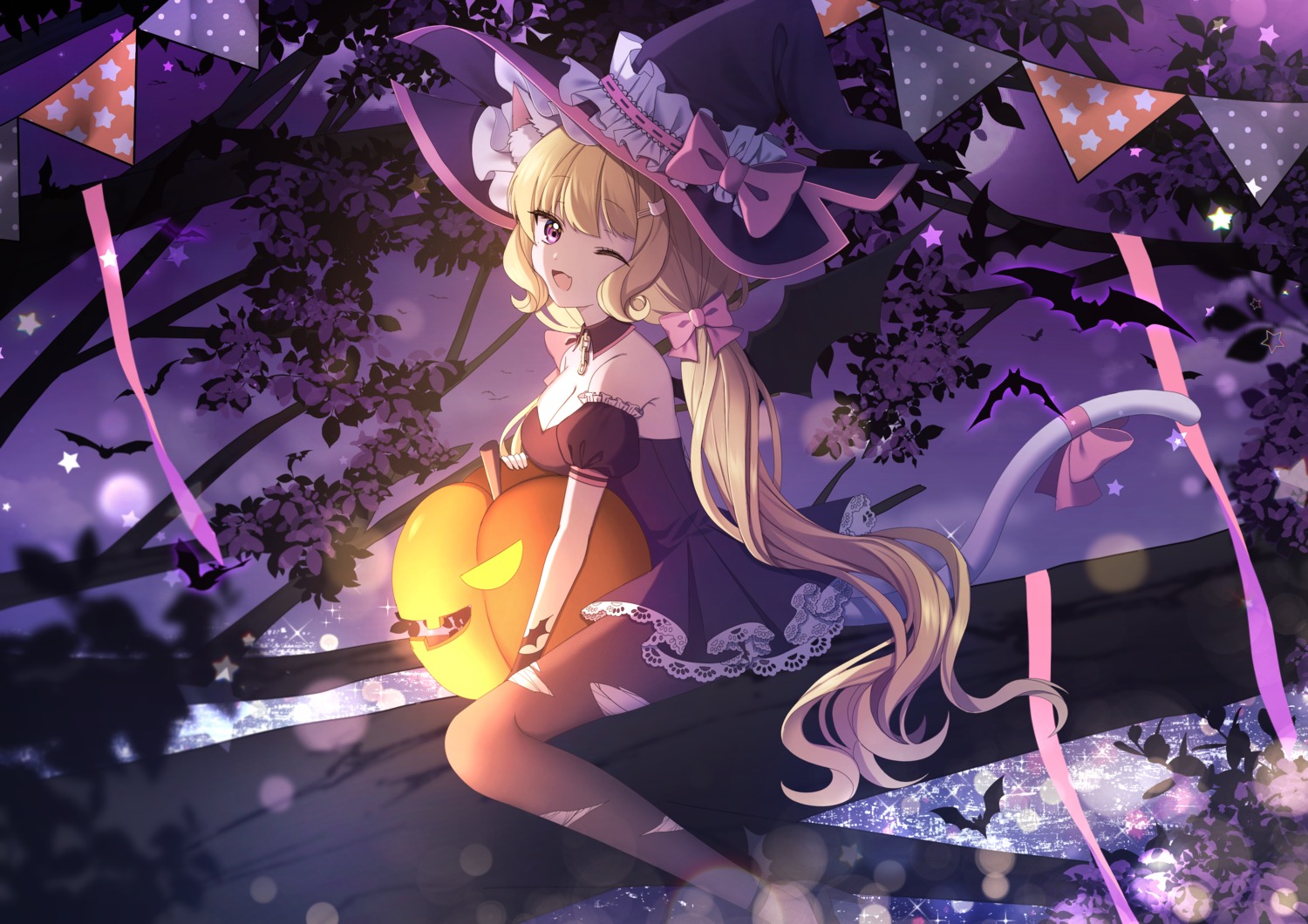 animal_ears, cleavage, dress, halloween, mamel_27, nekomimi, no_bra, pantyhose