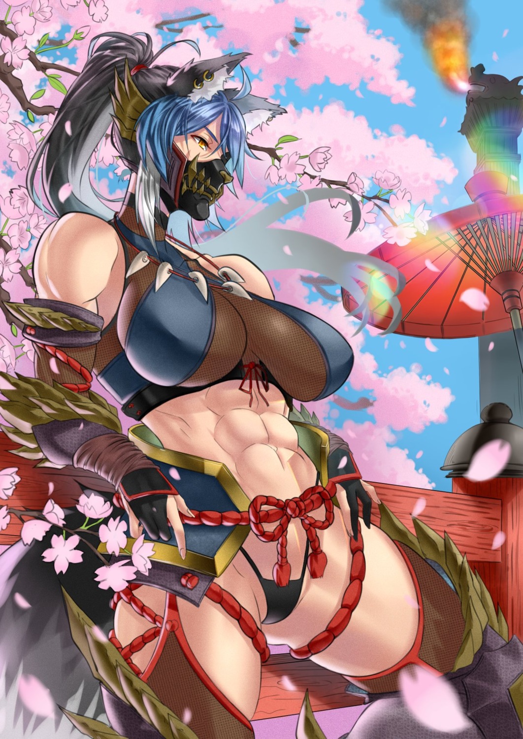 anima_(togashi), animal_ears, armor, bikini_armor, fishnets, monster_hunter, monster_hunter_rise, pantsu, stockings, tail, thighhighs