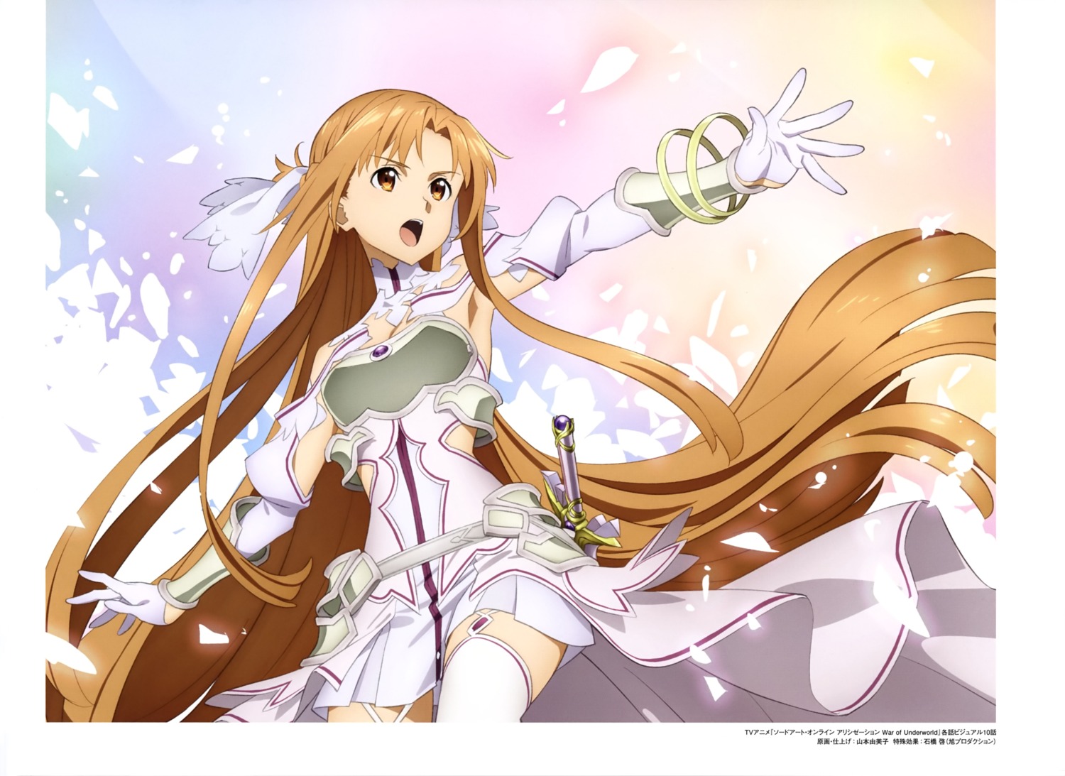 armor, asuna_(sword_art_online), sword, sword_art_online, sword_art_online_alicization, sword_art_online_alicization_-_war_of_underworld, thighhighs, yamamoto_yumiko
