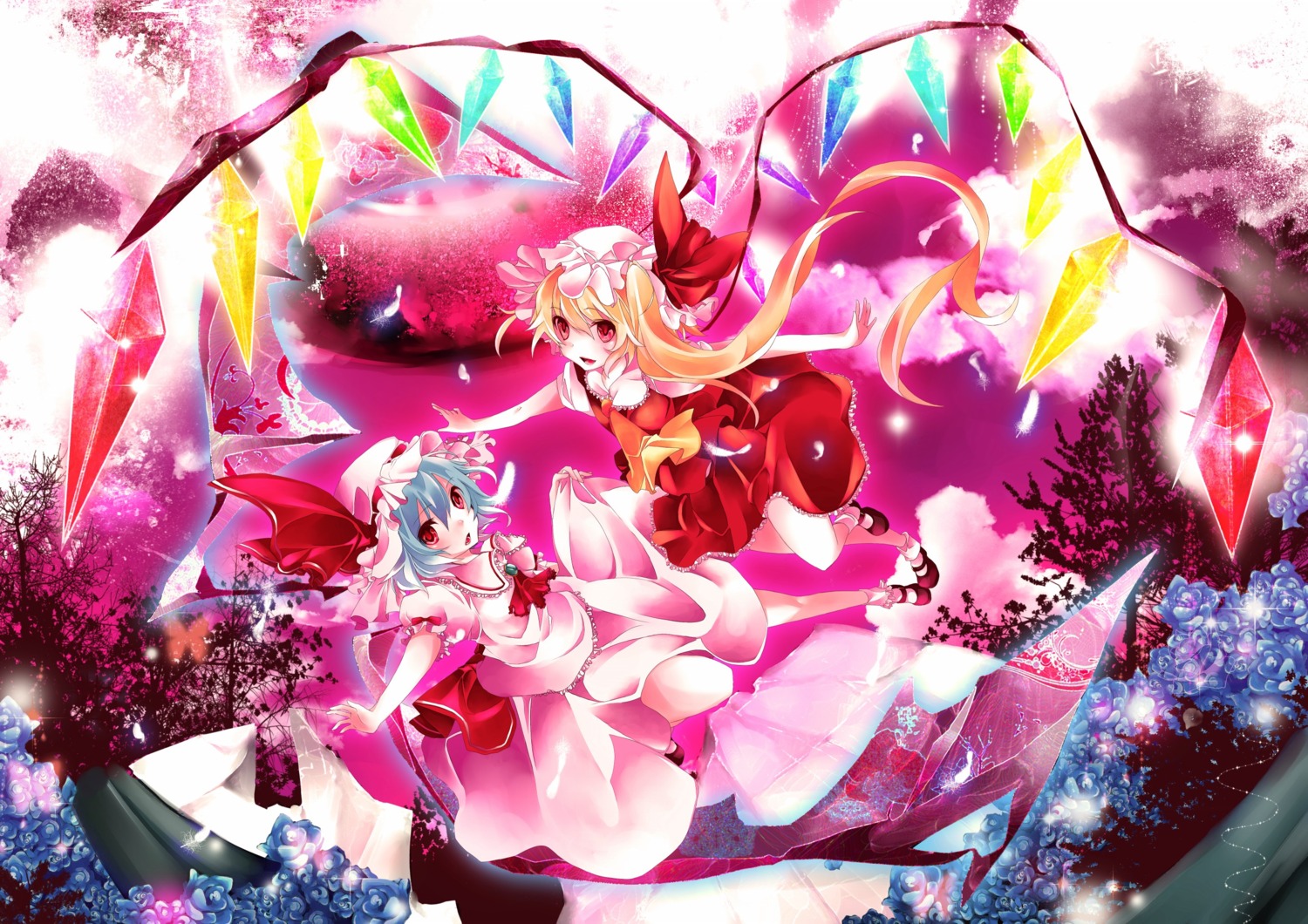 flandre_scarlet, remilia_scarlet, sanada_nako, touhou, wings