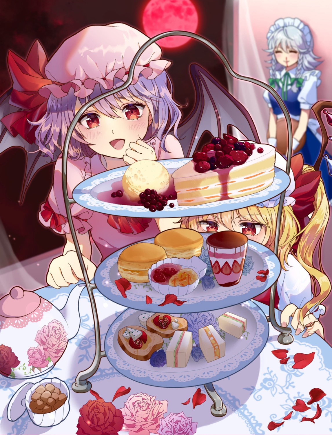 blood, flandre_scarlet, izayoi_sakuya, maid, maruta_(shummylass), remilia_scarlet, touhou, wings