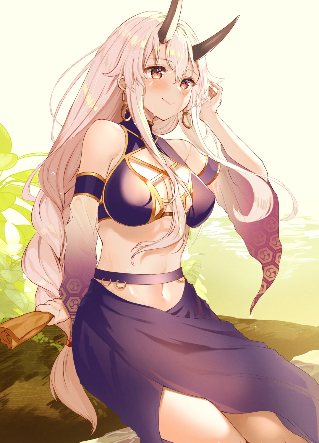 cleavage, fate/grand_order, felnemo, horns, no_bra, tomoe_gozen_(fate)