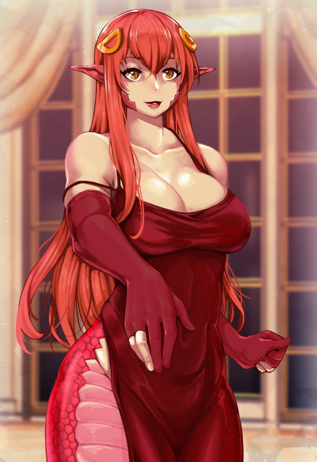 dress, miia_(monster_musume), monster_girl, monster_musume_no_iru_nichijou, no_bra, pointy_ears, scribblesquad, tail