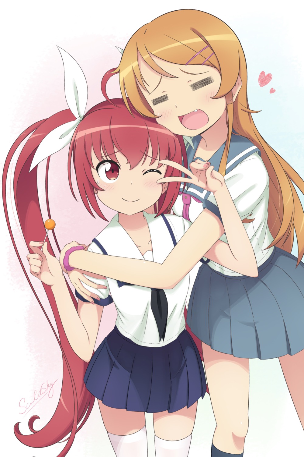 crossover, date_a_live, itsuka_kotori, kousaka_kirino, ore_no_imouto_ga_konnani_kawaii_wake_ga_nai, scarletsky, seifuku, thighhighs, yuri
