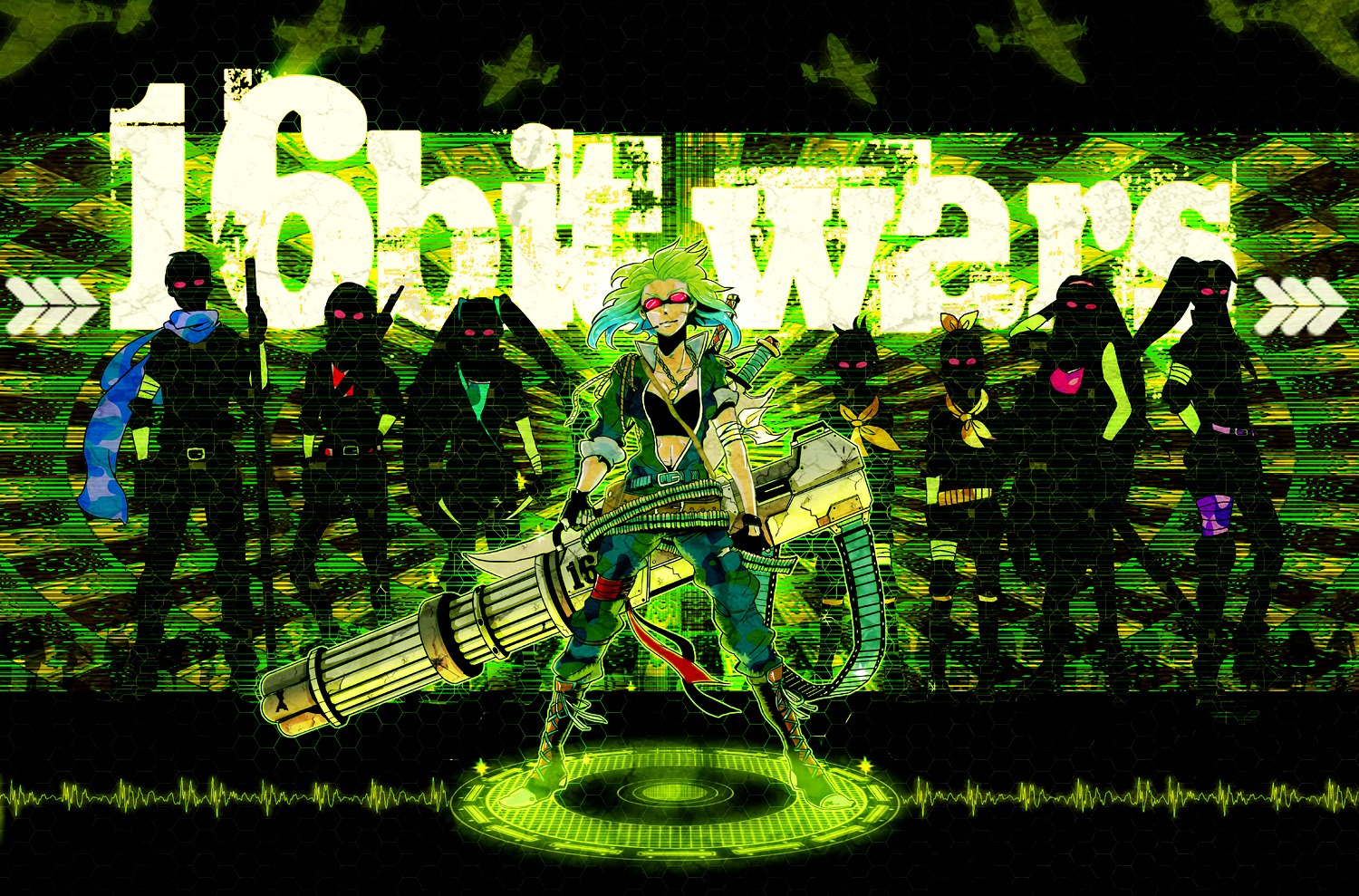 bokura_no_16bit_warz_(vocaloid), gumi, gun, hatsune_miku, kagamine_len, kagamine_rin, kaito, kamui_gakupo
