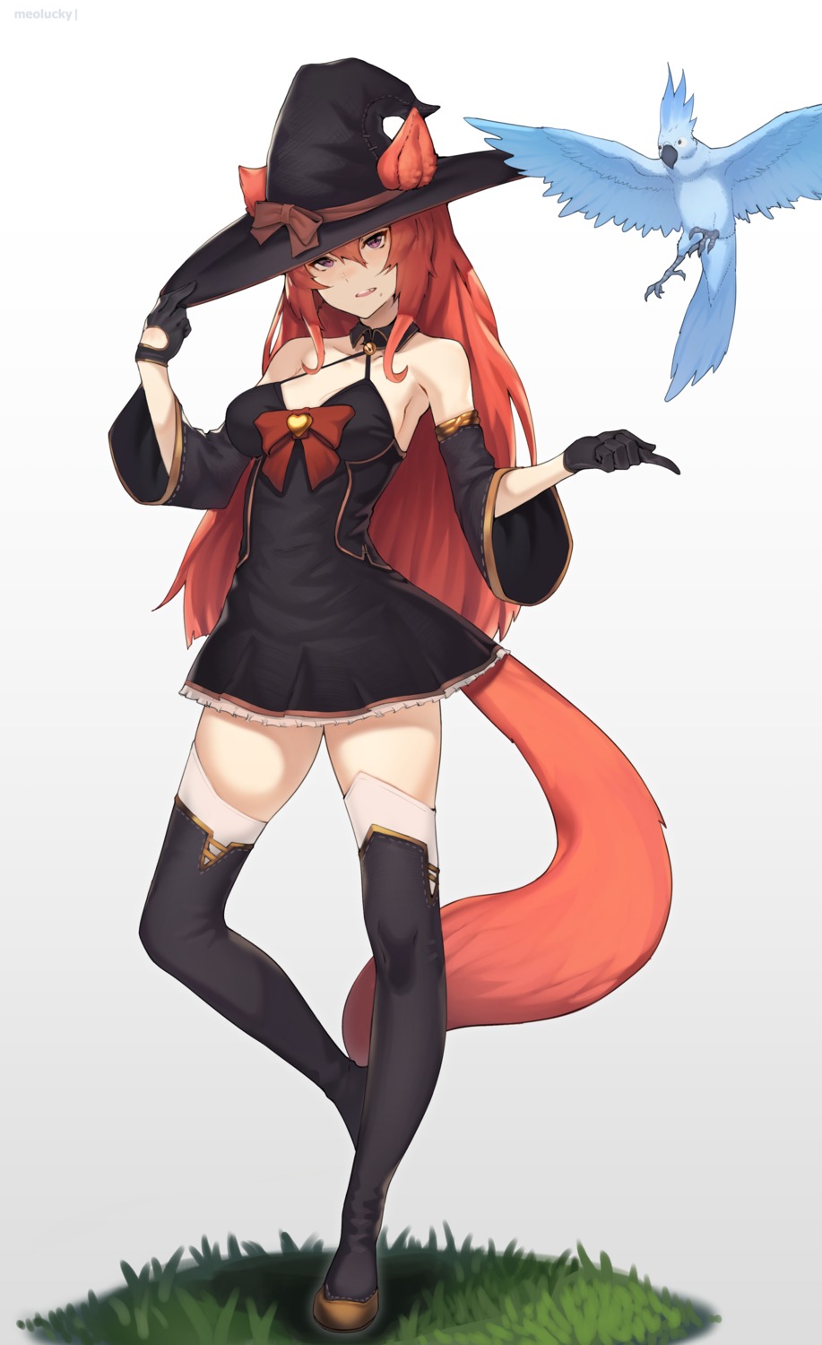 animal_ears, nekomimi, no_bra, ovosh147, tail, thighhighs, witch
