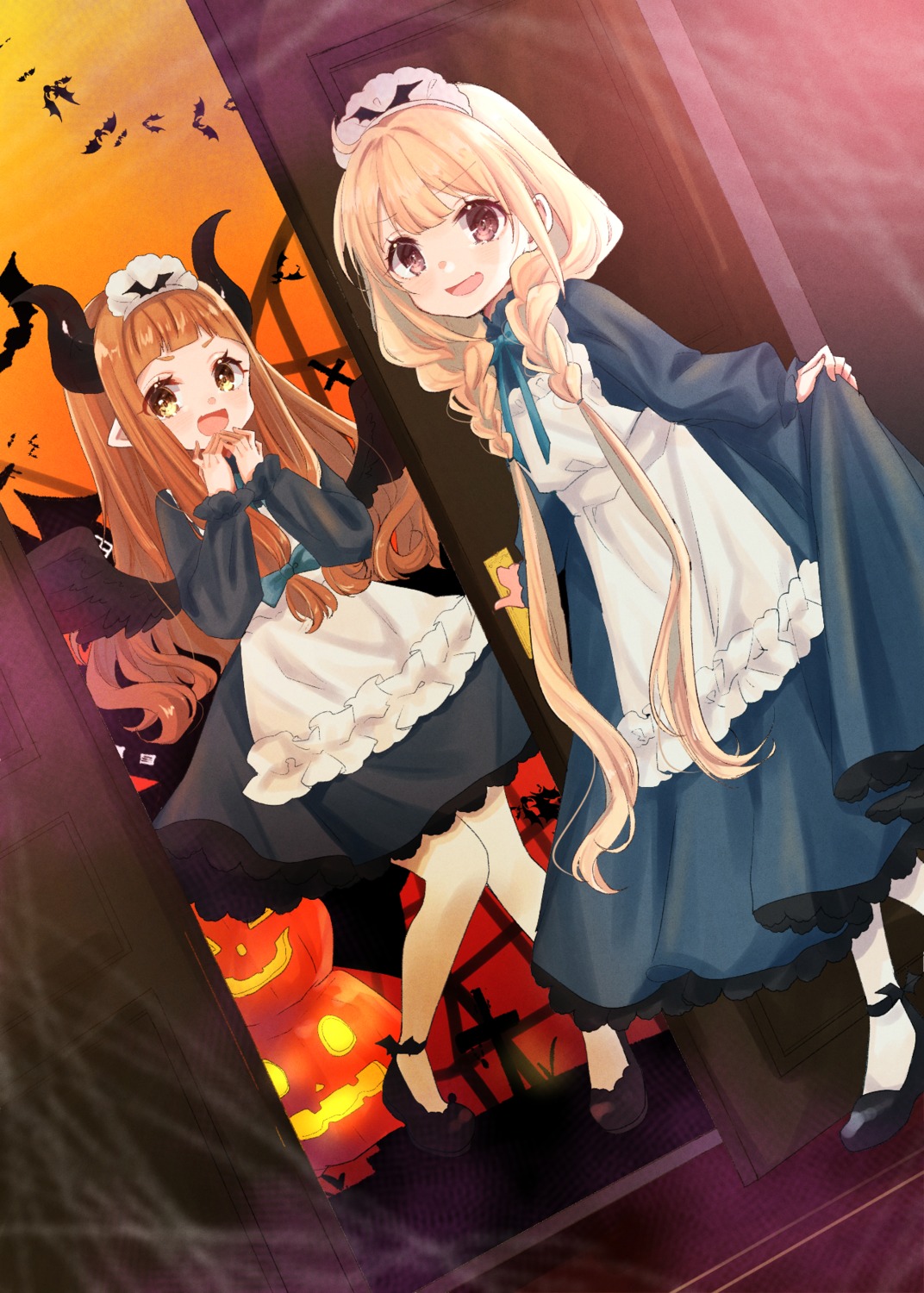 futaba_anzu, halloween, horns, ichihara_nina, maid, pointy_ears, rino_cnc, skirt_lift