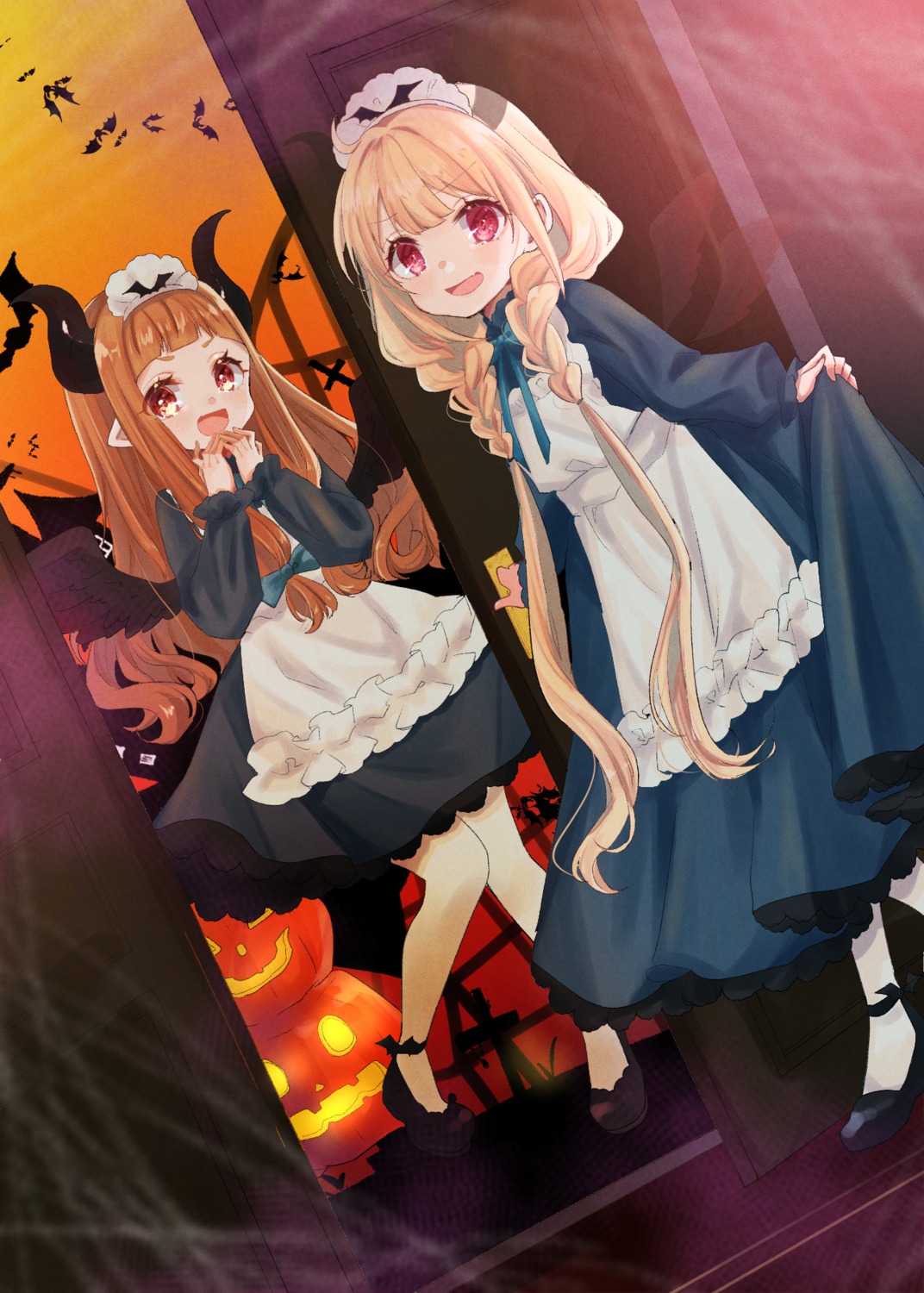 futaba_anzu, halloween, horns, ichihara_nina, maid, pointy_ears, rino_cnc, skirt_lift