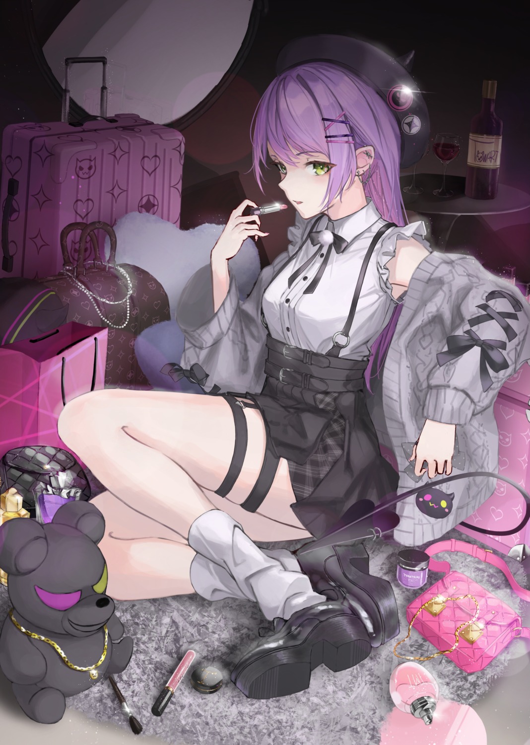 garter, heels, hololive, pointy_ears, rasa_k, skirt_lift, sweater, tail