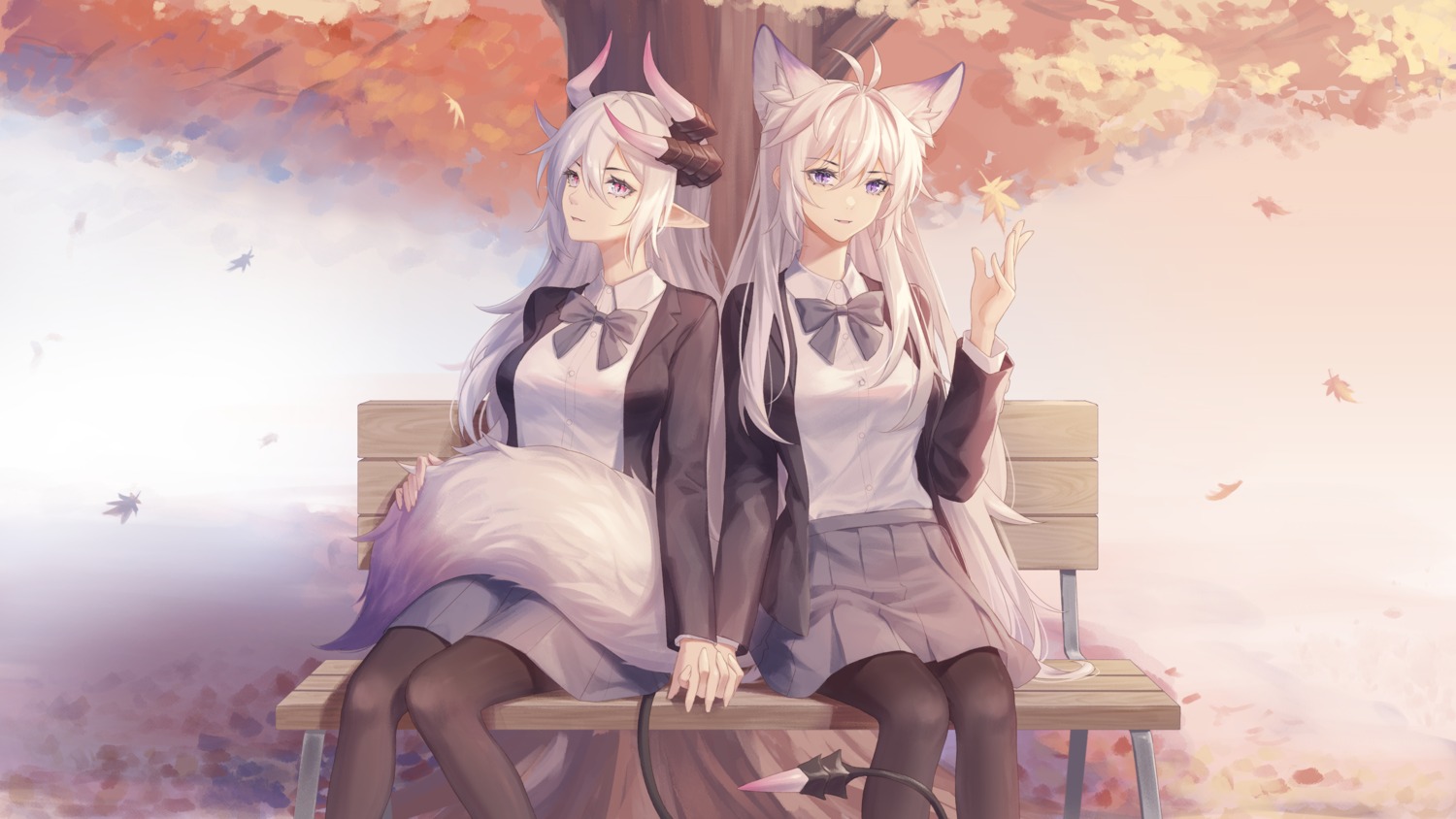 animal_ears, horns, kirby_d_a, pantyhose, pointy_ears, seifuku, tail, yuri
